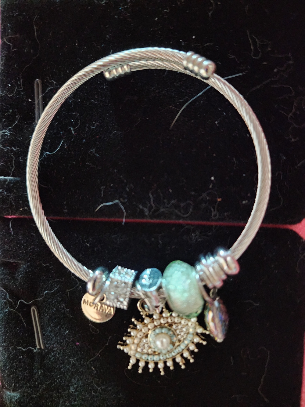 Silver-Tone Evil Eye Charm Bracelet with Mint Green Bead